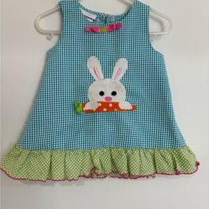 Bonnie Baby Easter Dress, Blue Gingham with Bunny Rabbit, Girls 18m, Ruffles Top